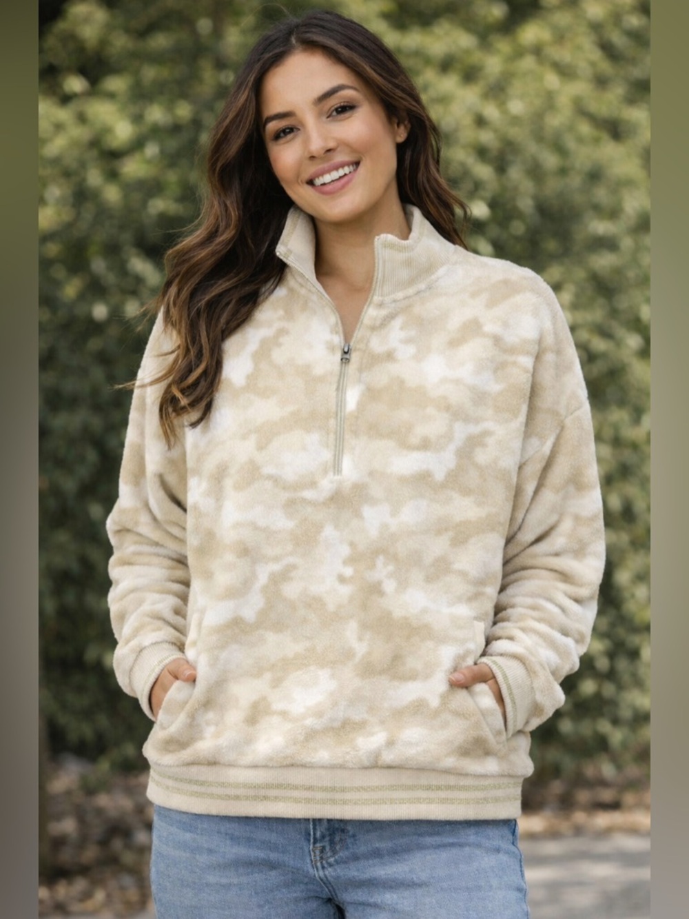 Zelos Sweater Camo Beige 1/4 Zip Pullover Fleece Long Sleeve